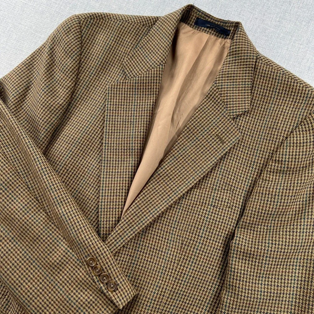 VTG 90s Polo University Club Ralph Lauren Brown Houndstooth Silk Wool Blazer 44R